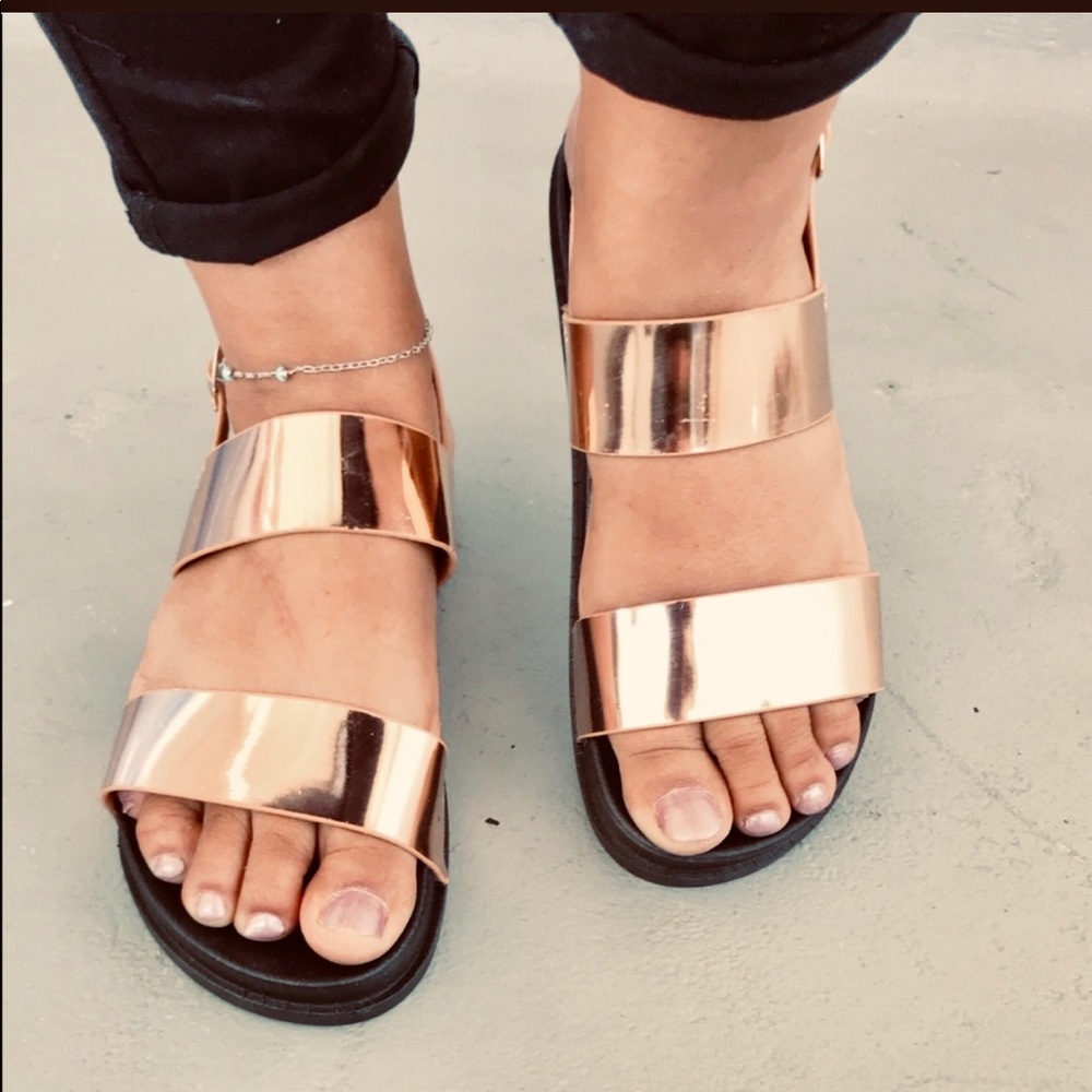LADIES ROSE GOLD WATERPROOF DOUBLE BANDS SANDALS - Picture 3 of 4